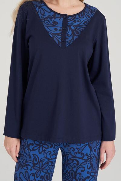 Pijadore Navy Blue Long Sleeve Large Size Women's Pajamas Set - C3T2N6O1