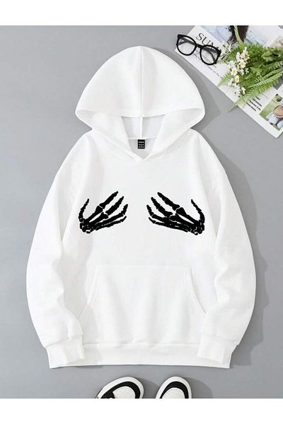 Toum Unisex φούτερ με λευκή κουκούλα - Dompuleri Fashion, Skeleton Hand Printed