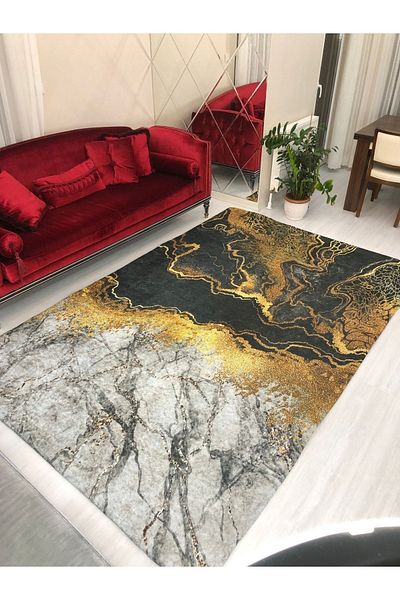 MEKA TEKSTİL Golden Marble Model Silk Velvet Elastic Carpet Cover
