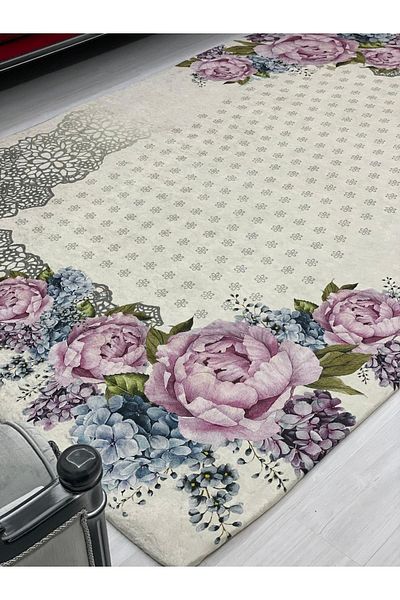 MEKA TEKSTİL Lacy Rose Pattern Elastic Velvet Carpet Cover