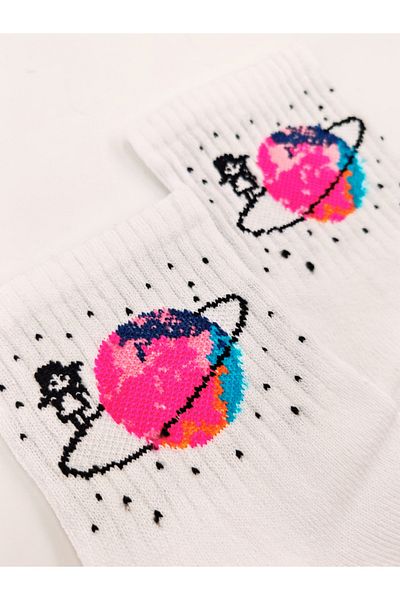 Shuttle Park White Space World Patterned Written College Socks - Unisex Comics Fashion