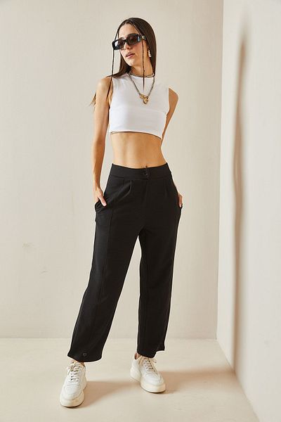 XHAN High Waist and Button Black Trousers - 5YXK5-48603-02