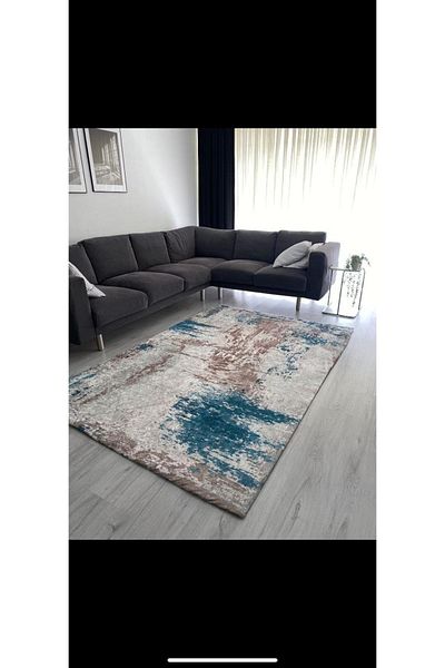 MEKA TEKSTİL New Pattern Jet Brown and Turquoise Model Velvet Carpet Cover