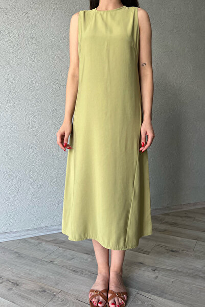 Seda Yalçın Atelier Oil Green Midi Dress - Zero Sleeve Design