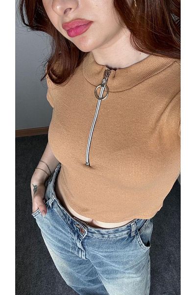 Touz Moda Corduroy Crop Blouse - Zip Detail
