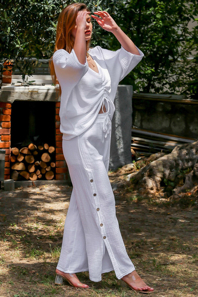 Chiccy White V-Neck 3/4 Sleeve Elastic Waist Drawstring Casual Set - Organic Cotton