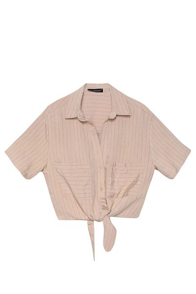 Quzu Beige Linen Shirt - Tie-Up Striped