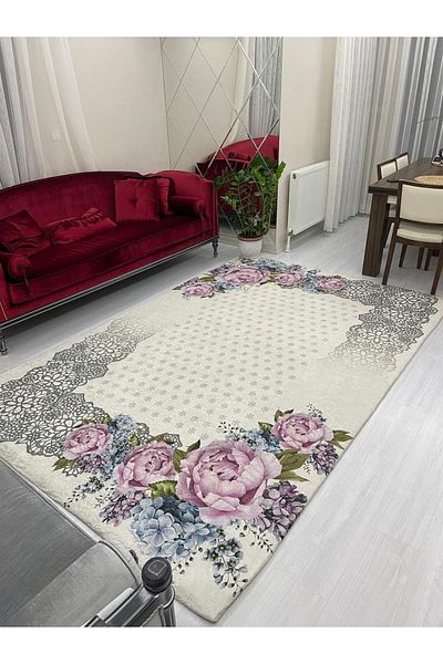 MEKA TEKSTİL Lacy Rose Pattern Elastic Velvet Carpet Cover