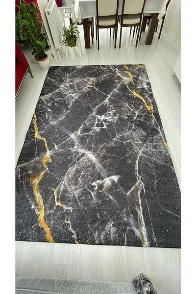 MEKA TEKSTİL Black Marble Model Silk Velvet Elastic Carpet Cover