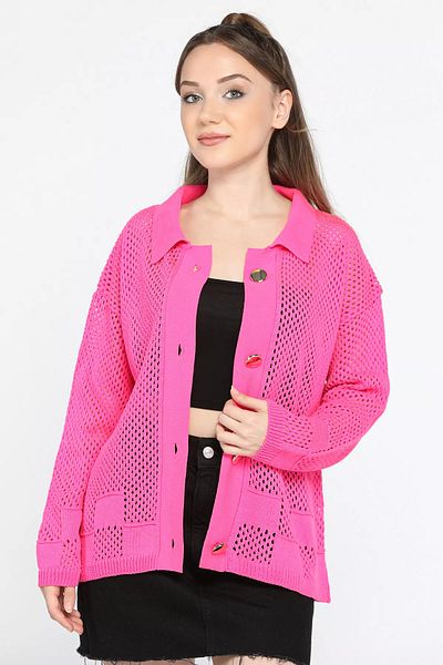 GÜLSELİ Fuchsia Gold Openwork Women's Knitwear Cardigan - Button Detailed
