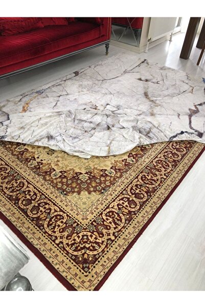 MEKA TEKSTİL White Marble Model Silk Velvet Elastic Carpet Cover