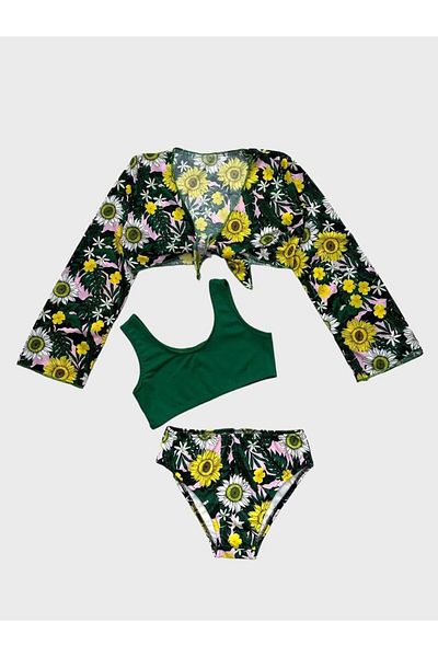 Fil Kids Girl's Green Pareo Daisy Floral Patterned Bikini Set