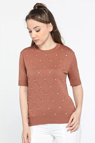 GÜLSELİ Stone Detailed Brown Patterned Women's Blouse