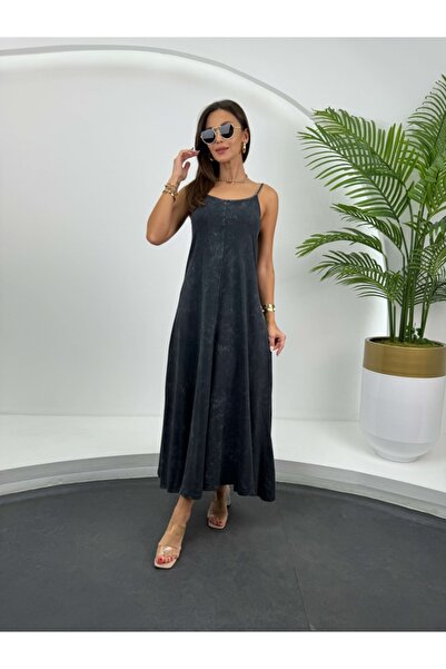 Elif Özbey Butik Anthracite Piping Dress - Washable Design