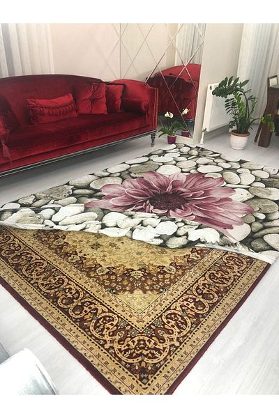 MEKA TEKSTİL Stony Flower Model Elastic Velvet Carpet Cover