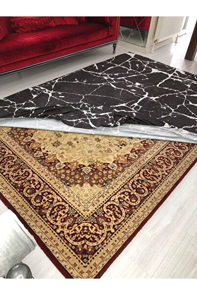 MEKA TEKSTİL Black Marble Silk Velvet Rubber Carpet Cover