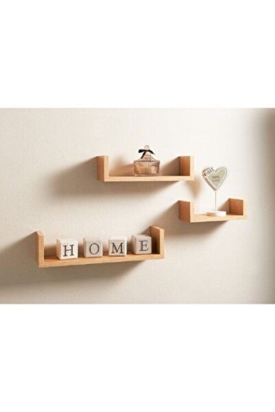 OlcayAksesuar Ahşap 3 Lü Duvar Rafı Kitaplık U Model Dekoratif Raf