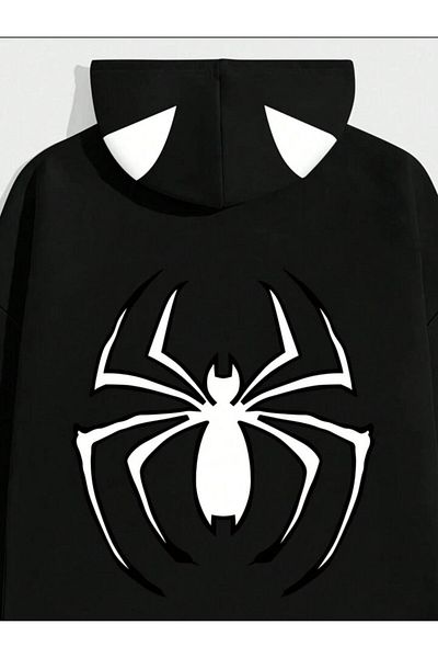 Touz Moda Μαύρο φούτερ με κουκούλα Unisex - Spider Printed