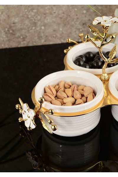 Gerçektrend Floral Laser Ceramic 4-Piece Breakfast Serving Bowl with Gold Stand, Snack Bowl