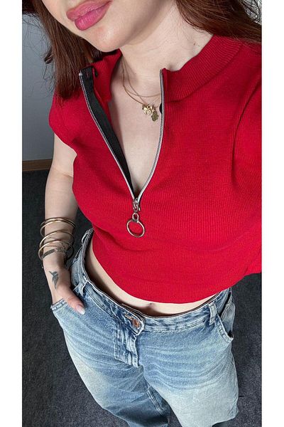 Touz Moda Corduroy Crop Blouse - Zip Detail