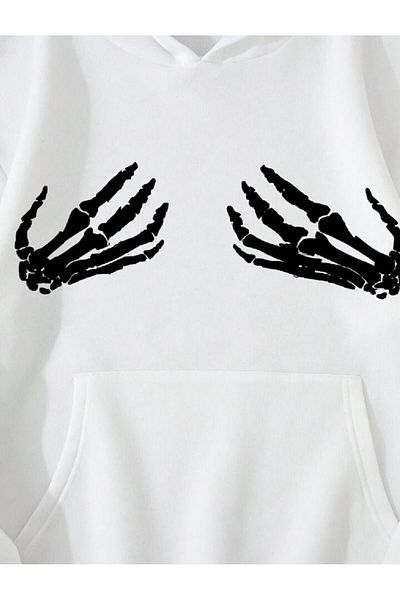 Toum Unisex φούτερ με λευκή κουκούλα - Dompuleri Fashion, Skeleton Hand Printed