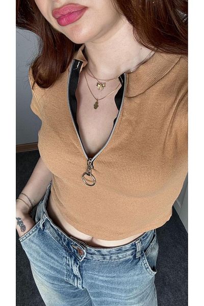 Touz Moda Corduroy Crop Blouse - Zip Detail