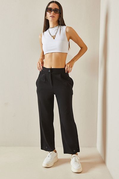XHAN High Waist and Button Black Trousers - 5YXK5-48603-02