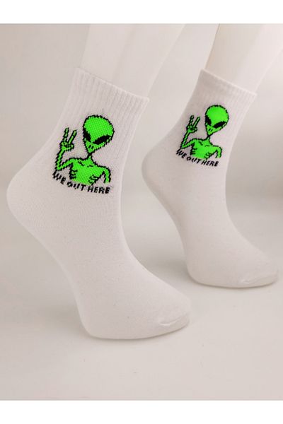 Shuttle Park Unisex Comics Fashion - Written White Space Alien Patterned College Socks