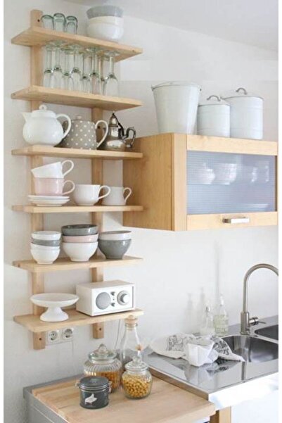 OlcayAksesuar Doğal Ahşap Kitaplık 6 Raflı Duvar Rafı Baharatlık Dekoratif Raf