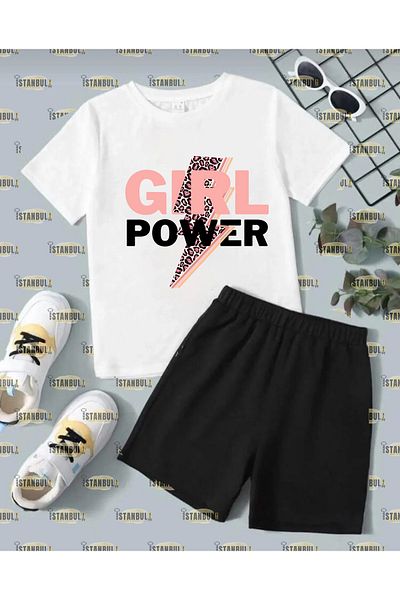 aynewmoda Set de tricou și pantaloni scurți cu imprimeu Girl Power