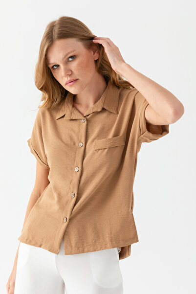 EtkiModa Ανοιχτό καφέ γυναικείο πουκάμισο - διπλό μανίκι, Aerobin, κοντομάνικο
