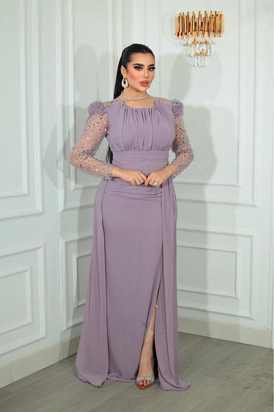 Helen Fashion Long Chiffon Evening Dress - Pearl Sequined, U-Cut