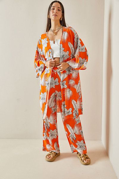 XHAN Orange Floral Patterned Set - Kimono and Top Set 5YXK8-48600-11