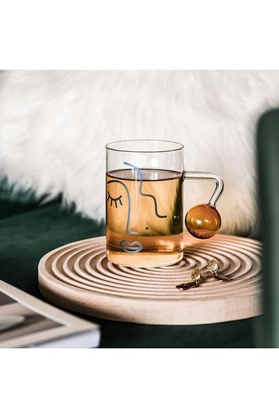 HB LİFE Heat Resistant Abstract Abstract Design Beaded Glass with Handle |   Coffee and Presentation Cup - 1 Pcs