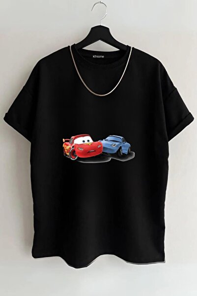 JoneBase Unisex Şimşek Mcqueen ve Sally Tasarım Baskılı Oversize Kısa Kol %10...