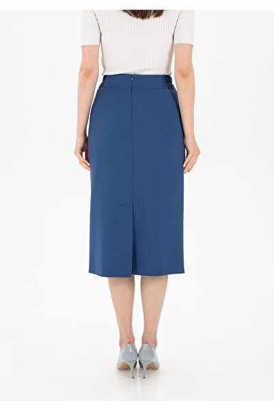 G-Line Indigo Midi Boy Klasik Beli Lastikli Arkadan Yırtmaçlı Fermuarlı Kalem Etek