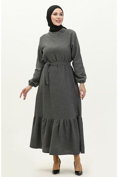 sefamerve Anthracite Tweed Belted Dress - 0258-05
