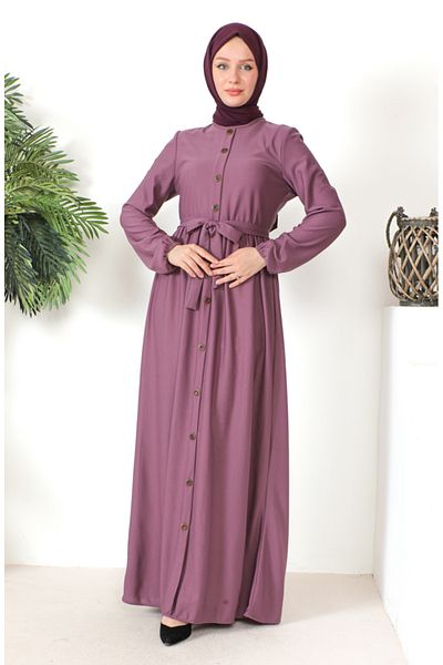 sefamerve Lilac Belted and Button Detailed Dress 7878-05