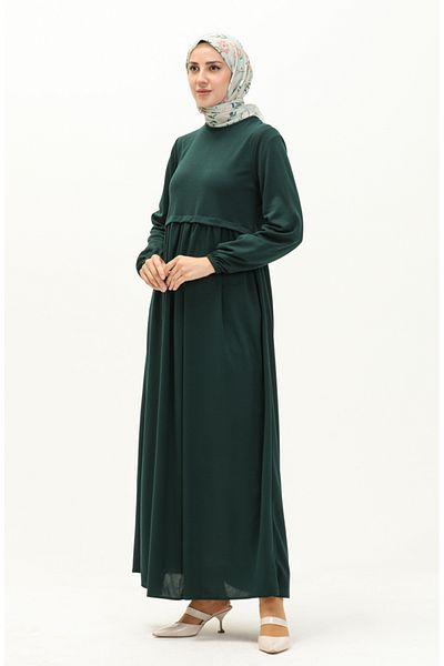 sefamerve Emerald Green Gathered Dress - 0666-05