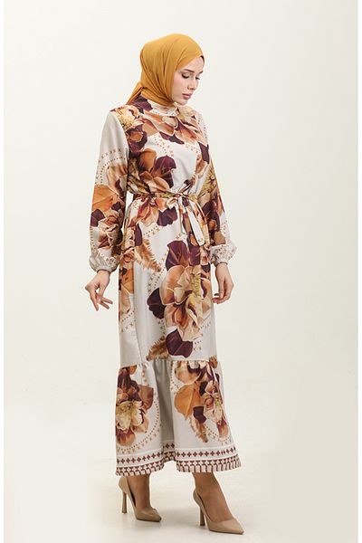 sefamerve Beige Brown Floral Patterned Crepe Dress - 0350-03