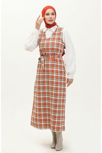 sefamerve Tile Mink Plaid Patterned Gilet - 0255-02