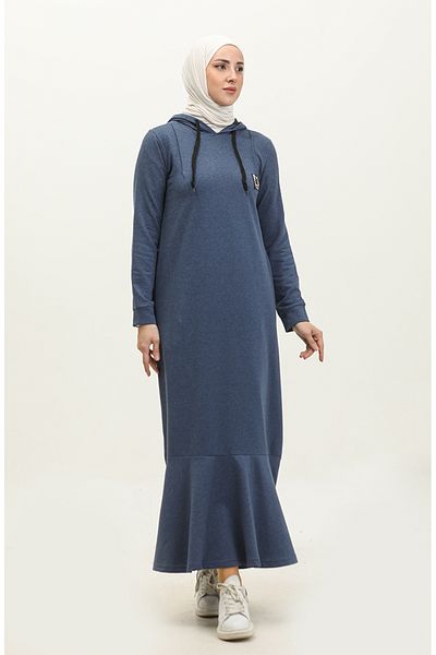 sefamerve Indigo Hooded Sports Dress - 3019-04, Two Thread