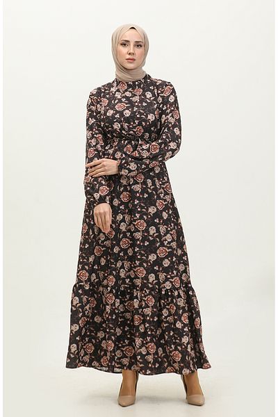 sefamerve Black Belted Floral Patterned Dress - 0316-02