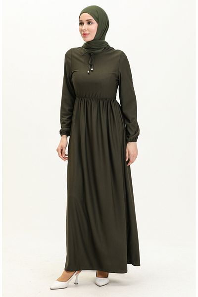 sefamerve Khakifarbenes Kleid mit Kordelzug an der Taille – 0575-01