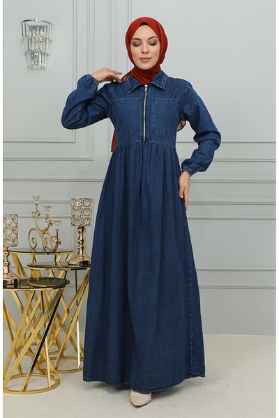 sefamerve 3500-01 Model Dark Navy Blue Zippered Denim Dress