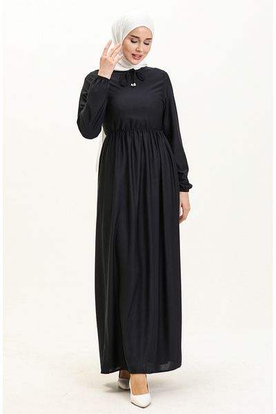 sefamerve Marineblaues Kleid mit geraffter Taille Modell 0575-04
