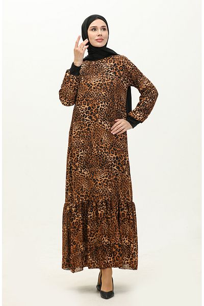sefamerve Tan Patterned Ribbed Voile Dress - 0129I-03