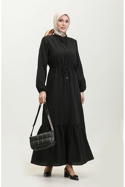 sefamerve Black Buttoned and Gathered Skirt Dress - 0351-01
