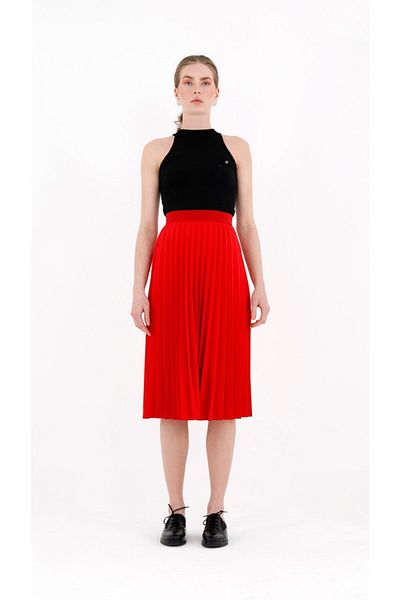 G-Line High Waist Red Midi Pleated Skirt - Elastic Waist