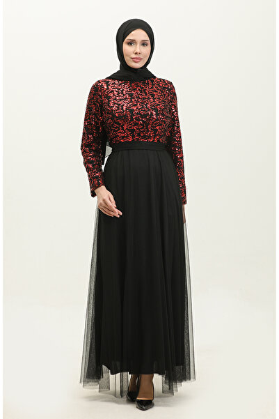 sefamerve Black Red Lace Belted Evening Dress - 5353A-18